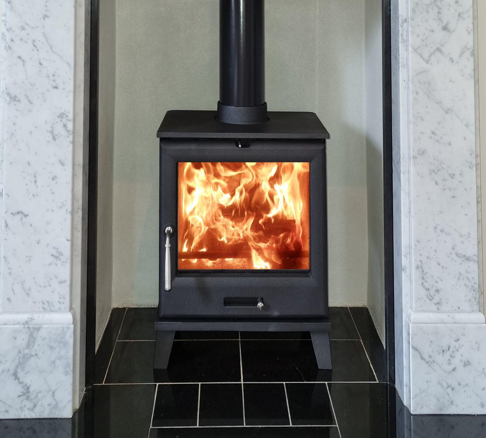 Multifuel Fuel Log burner with rendered chamber surround  and tiled hearth