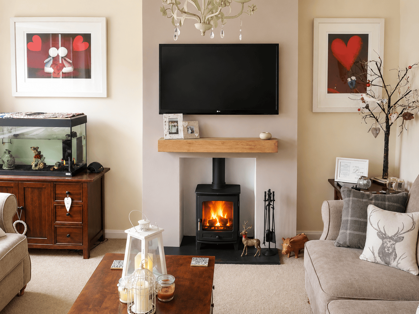 Oak mantel beam with multi-fuel logburner