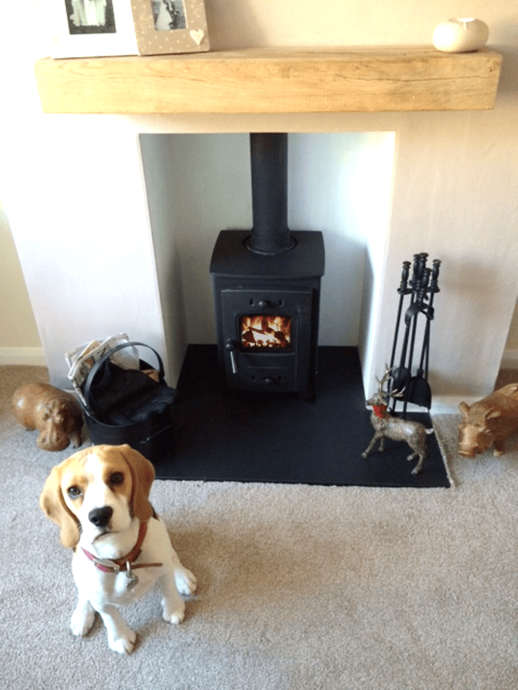 Multifuel Fuel Freestanding Stove with rendered chamber oak beam and granite hearth and puppy