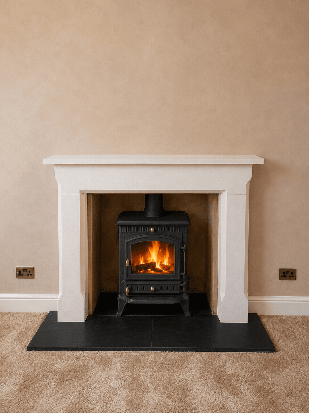 white surround and dark grey granite hearth