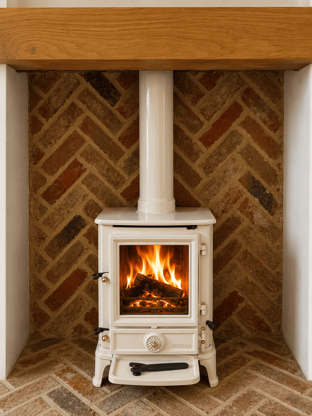 herringbone brick panels with cream logburner